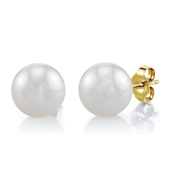 14K Real Gold 10mm White Freshwater Round Pearl Stud Earrings Stamped 14K - Picture 2 of 3